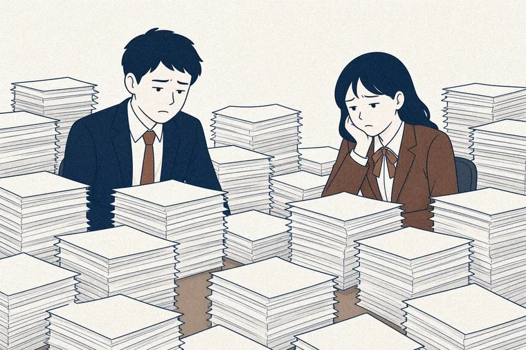 同じ文面の書類が机に並んでいる
