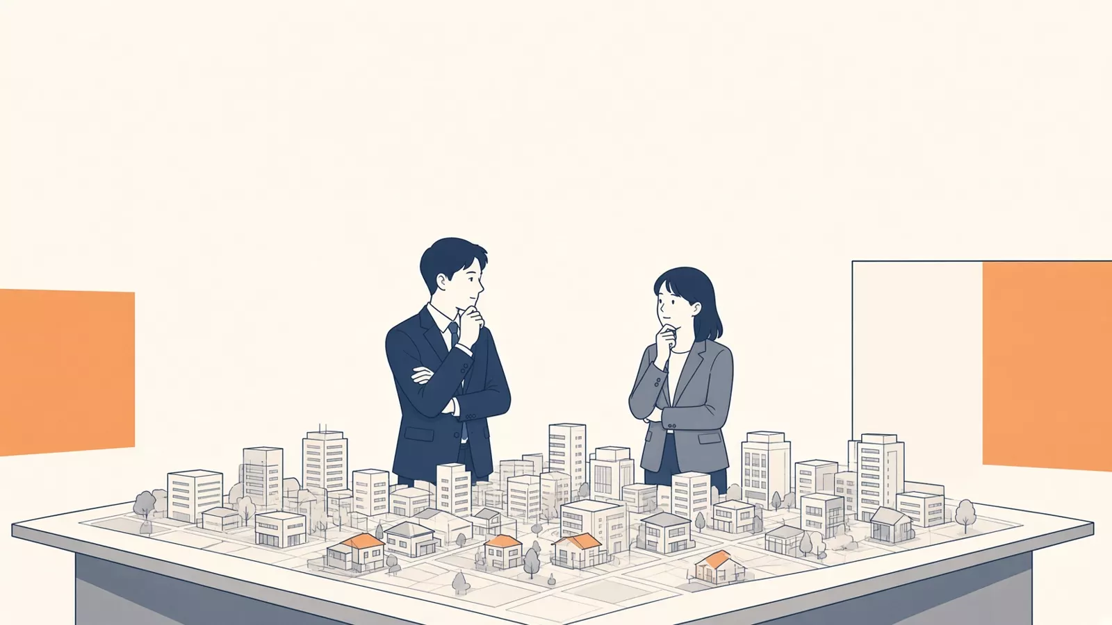 街の模型を囲んで、不動産の仕事を見ている