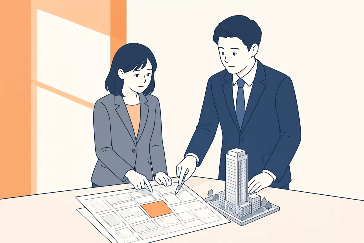 デベロッパーの机で、採用側と図面を見ている